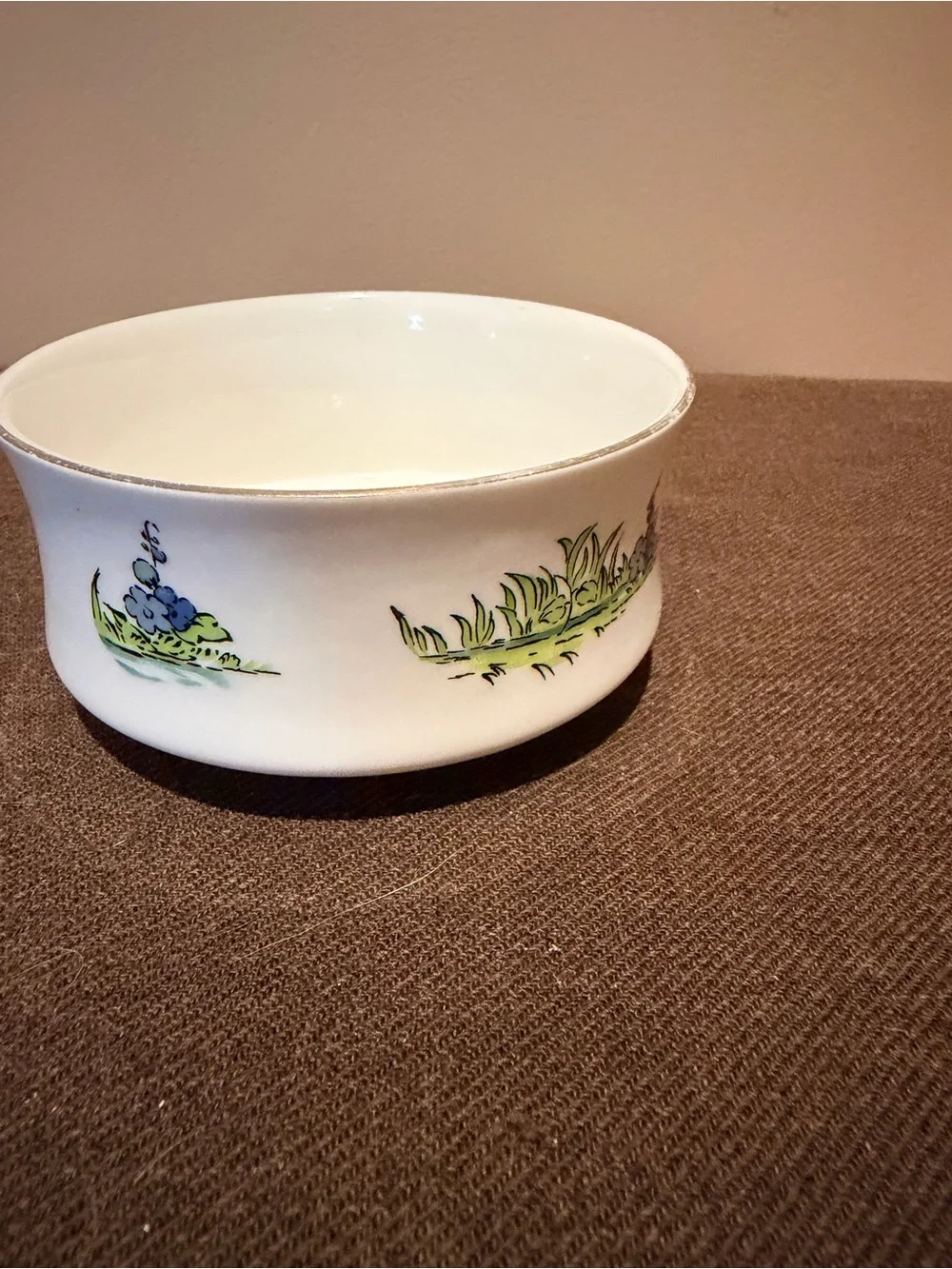 Crown Sterling White Fine Bone China Bowl with Green Grass and Blue Floral Motif